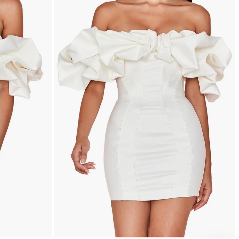 House of CB- Selena Ivory Satin Ruffle Strapless Dress Size S Off Shoulder Mini